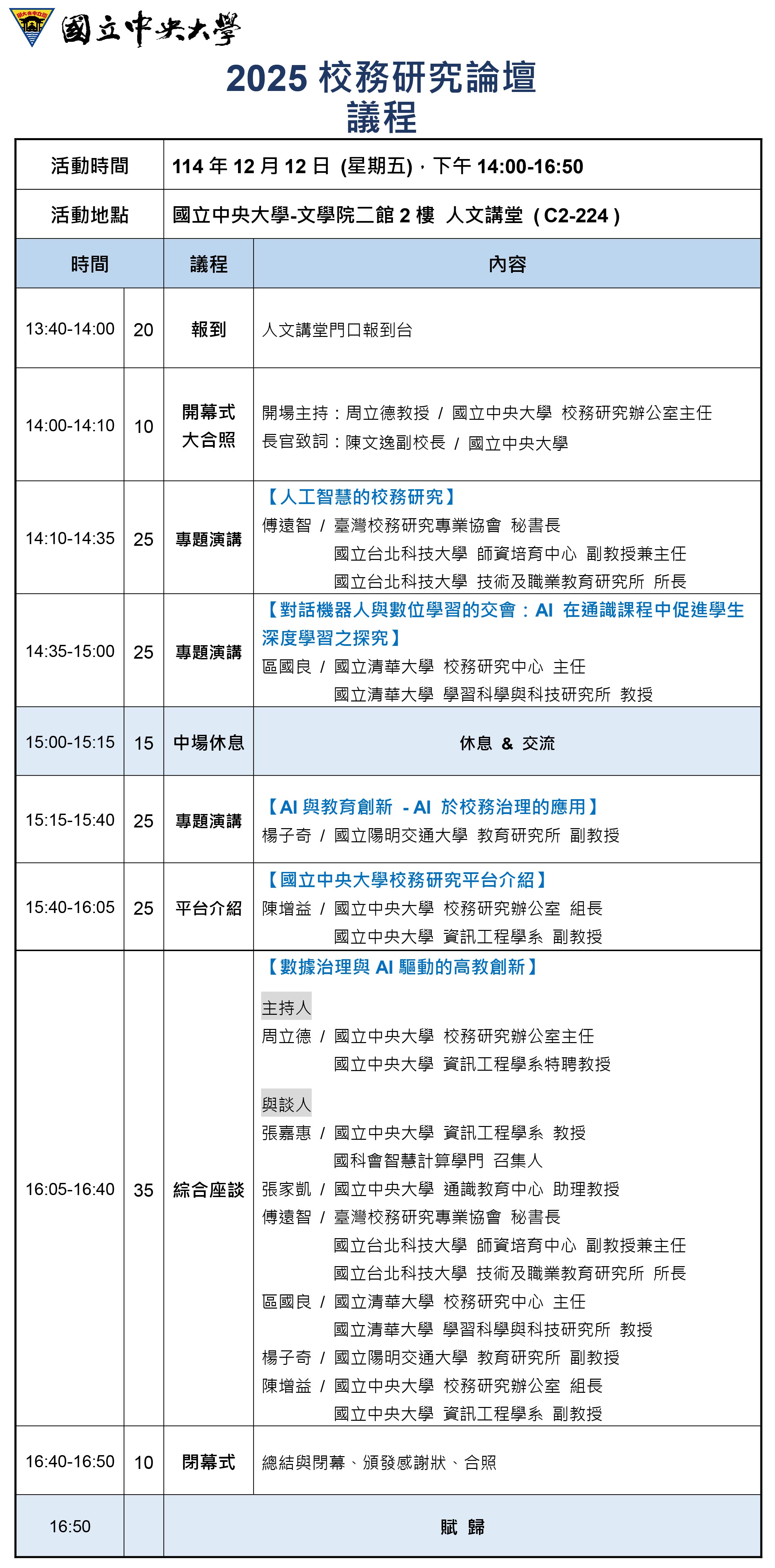 2025校務研究論壇 議程